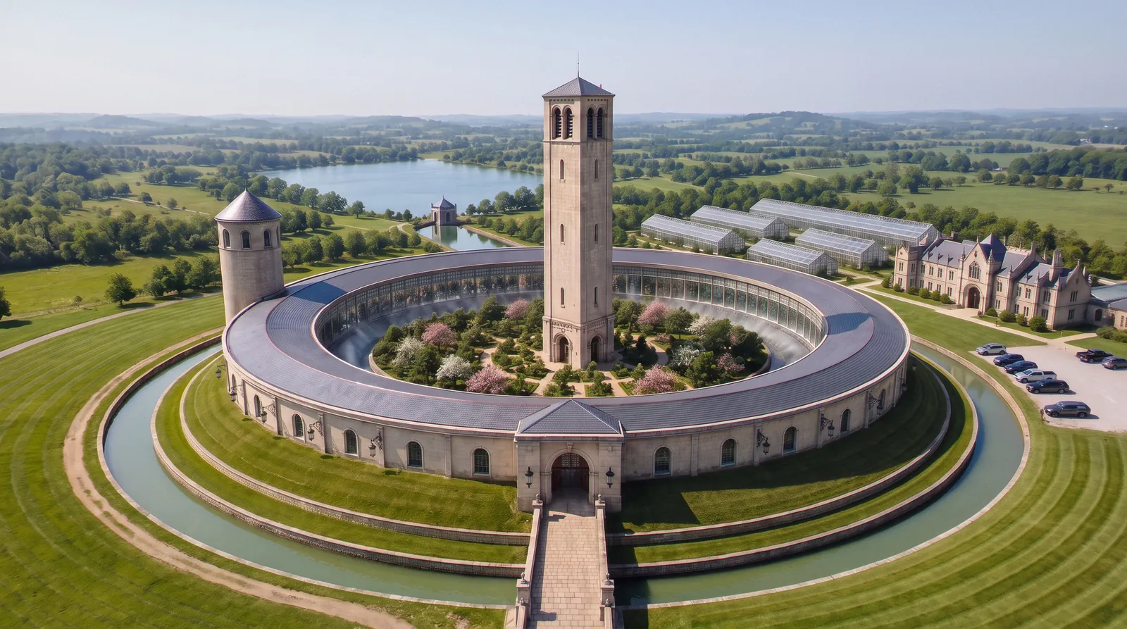 An aerial view of the circular stone building around a planted garden court, with the tower, moats, greenhouses and a lake beyond.