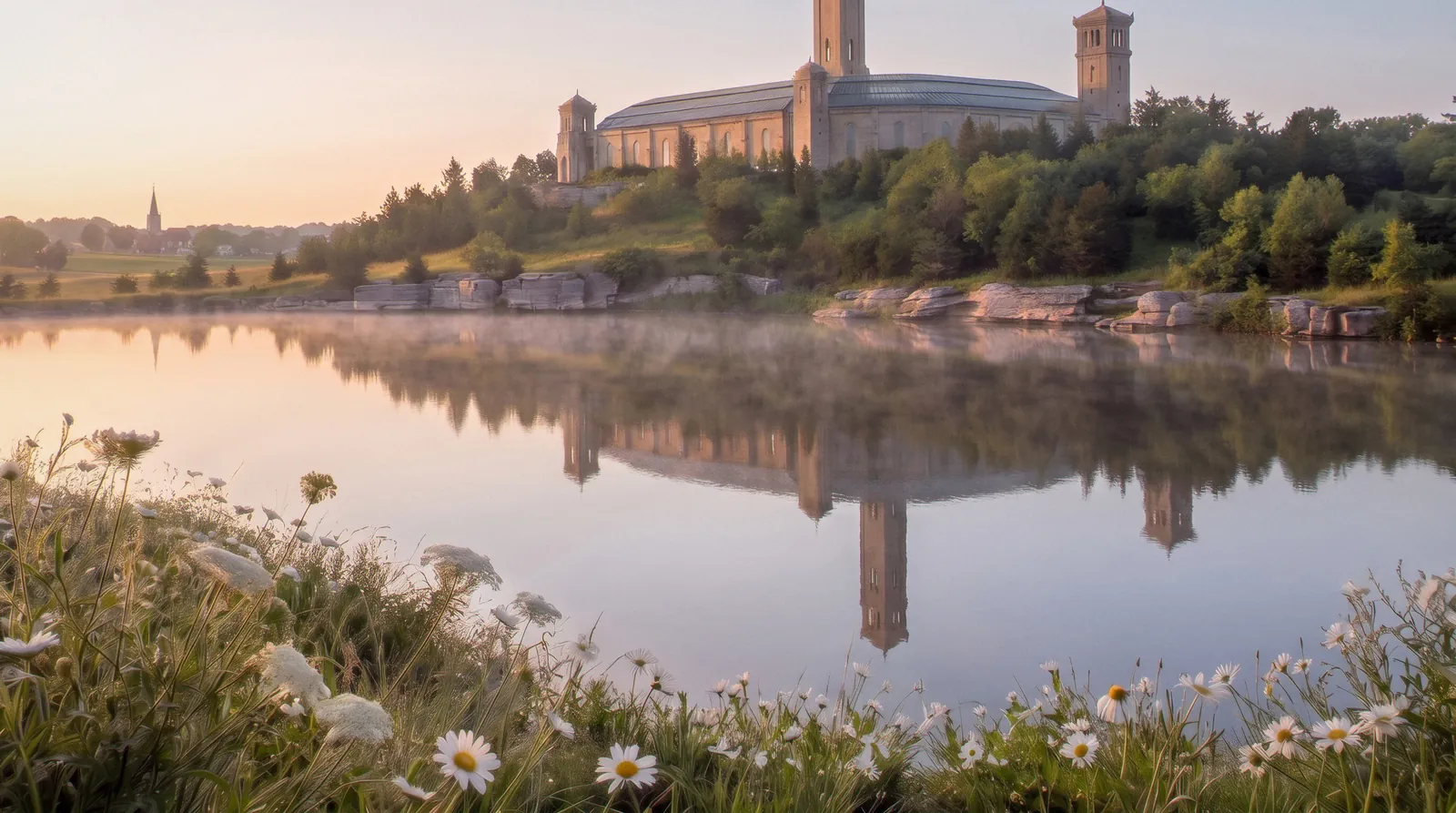 The stone ring and its tower on a wooded hill at dawn, reflected in a still lake, with daisies in the foreground.