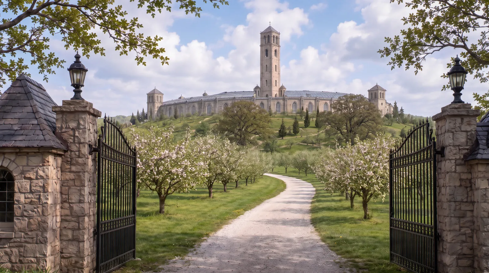 Stone gate piers with open iron gates; a path beside a canal runs through flowering orchards up to the ring and tower.