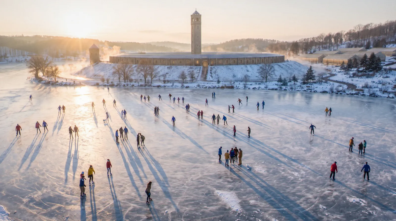 Skaters on a frozen lake at sunrise, the ring and tower beyond with warm mist rising.