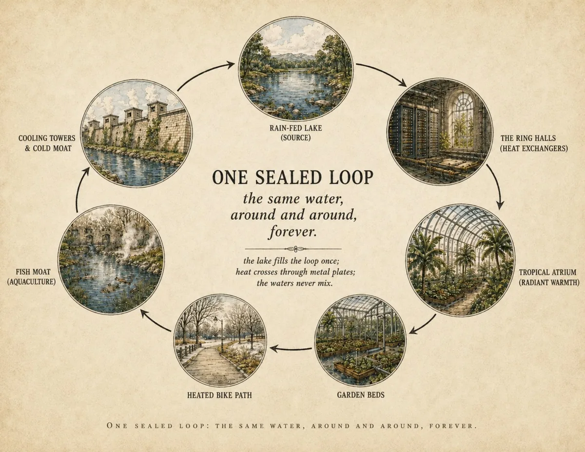 A circular diagram titled “One sealed loop: the same water, around and around, forever,” linking a rain-fed lake, the ring halls, a tropical atrium, garden beds, a heated path, a fish moat and a cooling moat.
