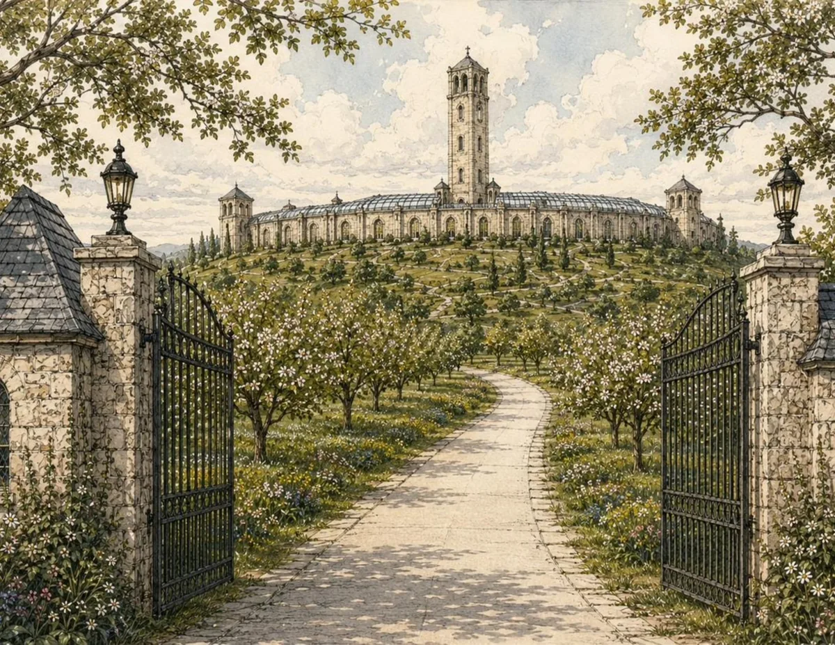 Stone gate piers with open iron gates, a curving path through blossoming orchards leading up a green hill to the ring and tower.