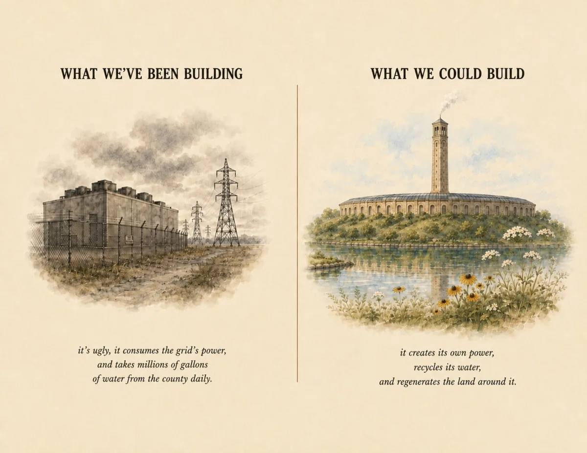 Two drawings side by side. Left, what we have been building: a gray windowless box beside high-voltage towers. Right, what we could build: a ring of stone with a tower, surrounded by water and green land.