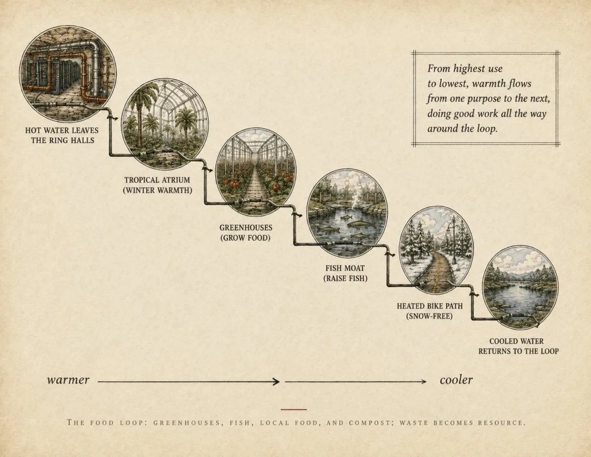 A diagram of warmth flowing step by step from the ring halls to a tropical atrium, greenhouses, a fish moat and a heated bike path, then back to the loop as cooled water.