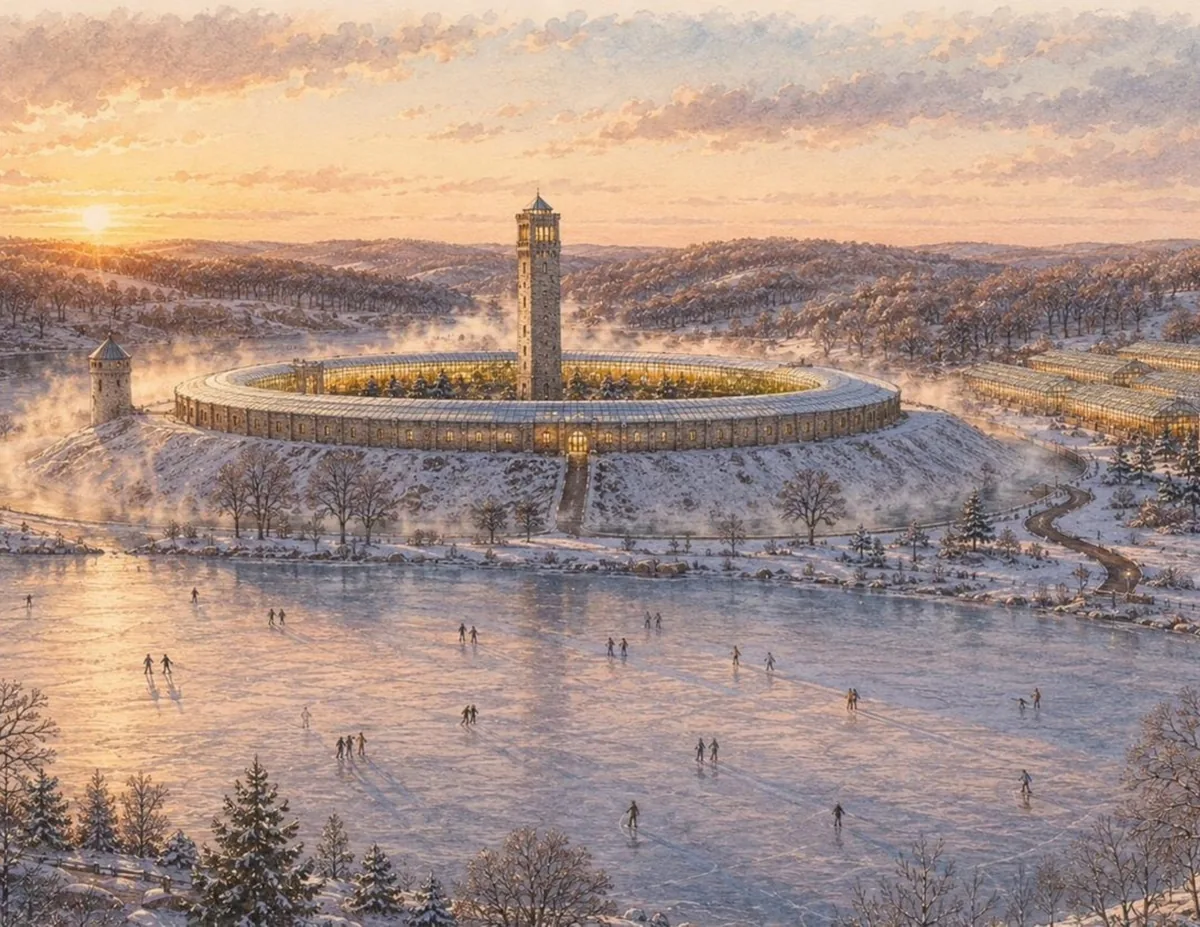 The ring and tower at sunrise in winter, warm mist rising from the moat, people skating on a frozen lake in the foreground.